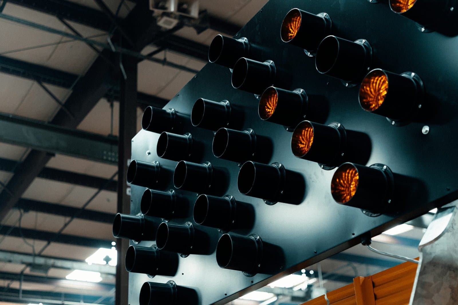 Close-up of an amber-lit arrow board on a Heartland Fleet + Traffic truck